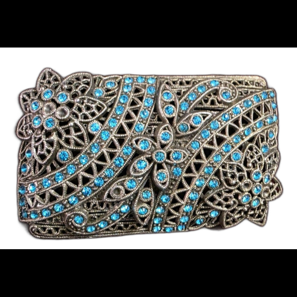 Vintage Silver Tone Filigree Brooch Aqua Blue Rhinestones Floral Pin Unsigned